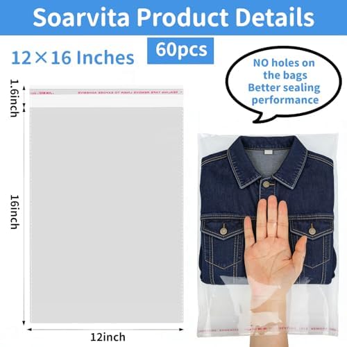 Clear Self‑Sealing Cellophane Bags 12x16 Inches, 60Pack Clear Plastic Poly Shipping Bags with Reinforced Edge for Small Business Packaging Clothing, Shirts, Decorative Wrappers & Artwork - Image 2