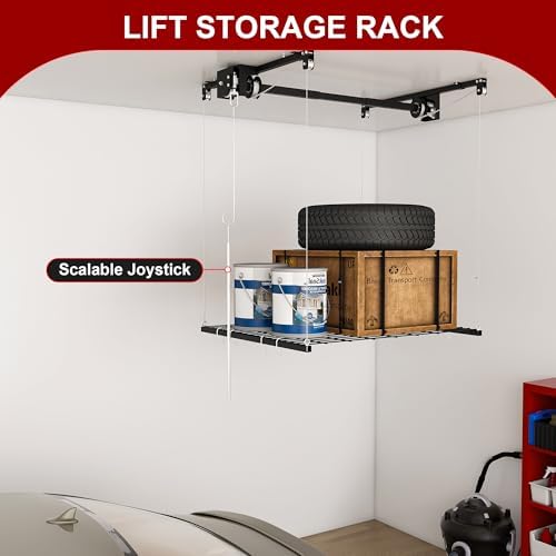 Montary 4x4 FT Overhead Garage Storage Rack for 10-12 FT Ceiling, Adjustable Ceiling Lifting Storage Rack with Safety Lock, 250LBS Capacity All-Steel Heavy-Duty Garage Lifting Organizer - Image 5