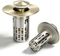 3 in 1 Bathroom Sink Drain Strainer, Universal Pop Up Bathroom Sink Stopper with Removable Hair Catcher Anti-Clog Filter Basket Brass & Stainless Steel Champagne Gold 2 PCS by Unknown