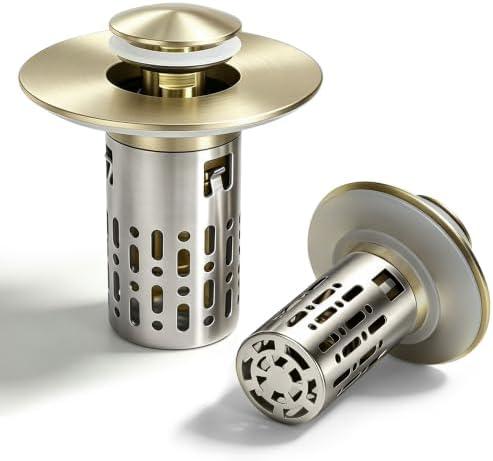3 in 1 Bathroom Sink Drain Strainer, Universal Pop Up Bathroom Sink Stopper with Removable Hair Catcher Anti-Clog Filter Basket Brass & Stainless Steel Champagne Gold 2 PCS by Unknown
