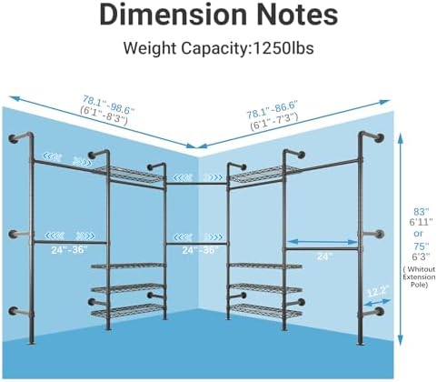 Timate L Shape Closet Rack Wall Mount for Corner, Heavy Duty Hanging Garment Rack Clothing Rack with 8 Adjustable Shelves & 4 Hanger Rods, Closet System for Hanging Clothes, Black - Image 4