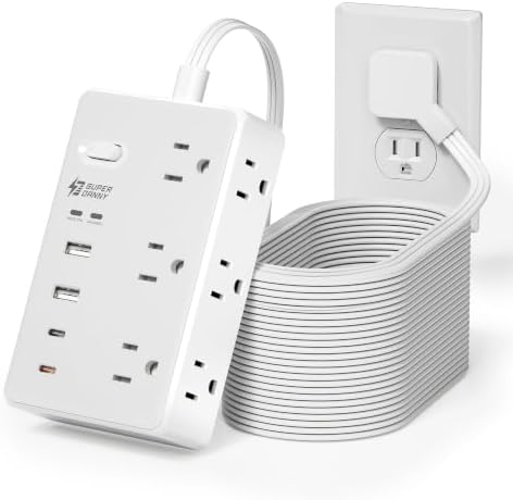 20Ft Long Extension Cord, PD20W, 6 outlets, 2A2C, Flat Plug Surge Protector by SUPERDANNY