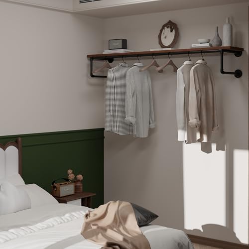 Clothes Rack 60in, Wall Mounted Garment Racks with Real Wood Shelf, Heavy Duty Hanging Clothes Rack, Multi-Purpose Hanging Rod, Space-Saving Closet Storage - Image 3