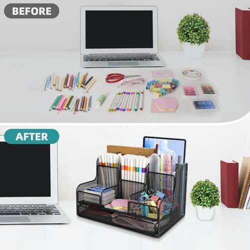 Black Mesh Desk Organizer Caddy and Accessories with 7 Compartments, Mesh Multifunctional Desktop Accessories Organizers Office Supplies Desktop Organizer for Home, Office - Image 5