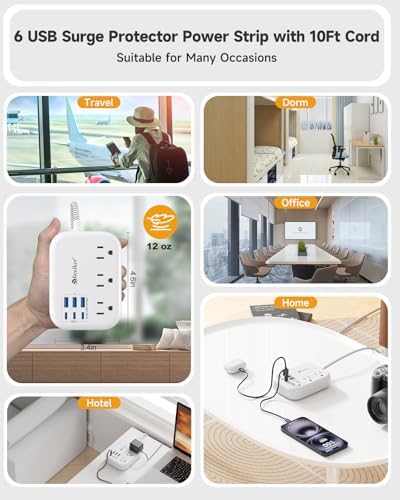 6 USB(3 USB C) Surge Protector Power Strip, 10 Ft Extension Cord,3 Outlets - Image 6