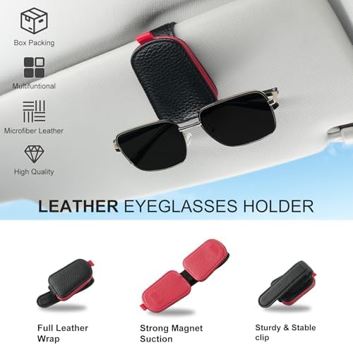 SINGARO Sunglasses Holder for Car, Leather Magnetic Buckle Sun Visor Sunglass Clip, Ticket Card Storage Glasses Clip, Car Interior Accessories for Men and Women（Black-red） - Image 5