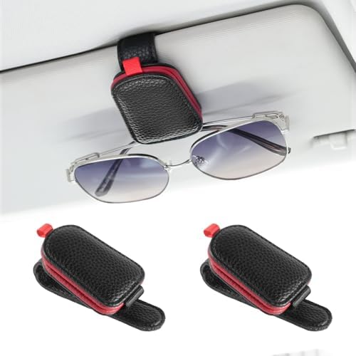 JUSTTOP 2Pack Sunglasses Holders for Car,Magnetic Leather Buckle Sun Visor Sunglass Clip,Ticket Card Clip Sunglasses Mount,Car Interior Accessories for Men and Women(Black-Red) by JUSTTOP