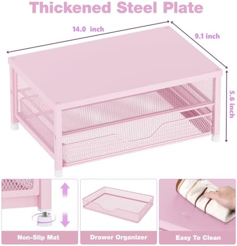 OPNICE Computer Monitor Stand Riser, Desk Organizer with Drawer, Printer & Laptop Stand, Office Desk Accessories & Workspace Desktop Organizers Storage for Office Supplies(Pink) - Image 2