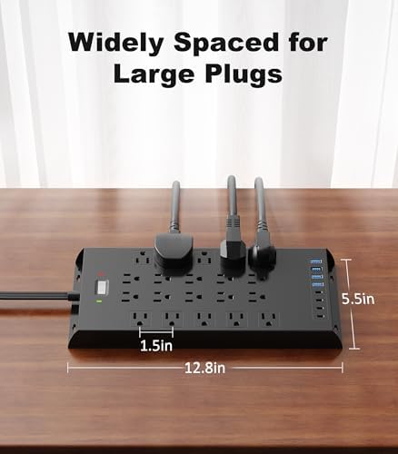 Surge Protector Power Strip 4800J, LeZone 10Ft Long Extension Cord Flat Plug, 20 Outlets 4 USB-A 4 USB-C Ports, Wall Mountable, Home Office Dorm Essentials, Black - Image 7