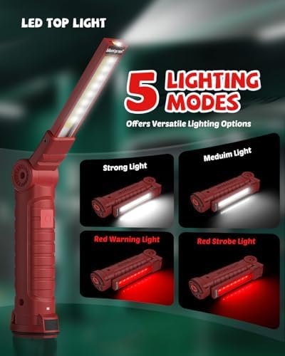 Coquimbo Tools Gifts for Men Dad Husband, Rechargeable LED Work Light Grill Accessories Magnetic Flashlight with Hanging Hook 5 Modes 360° Rotate Birthday Gifts for Him Grandpa (2 Pack Red) - Image 6