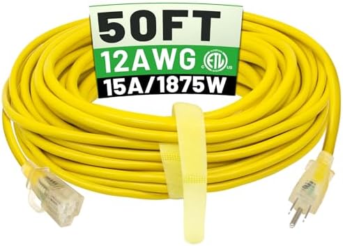 POWGRN 50 ft 12/3 Outdoor Extension Cord Waterproof Heavy Duty with Lighted Indicator End 12 Gauge 3 Prong, Flexible Cold-Resistant Long Power Cord Outside, 15Amp 1875W SJTW Yellow ETL Listed by POWGRN