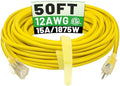 POWGRN 50 ft 12/3 Outdoor Extension Cord Waterproof Heavy Duty with Lighted Indicator End 12 Gauge 3 Prong, Flexible Cold-Resistant Long Power Cord Outside, 15Amp 1875W SJTW Yellow ETL Listed by POWGRN