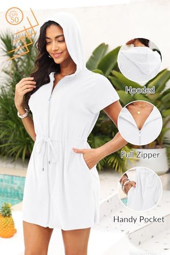 Womens Terry Cloth Cover Up Hooded Swim Cover with Zipper and Pocket - Image 3