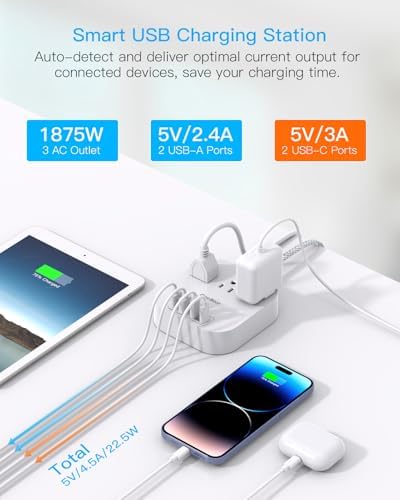 One Beat Power Strip with USB C, 10ft Braided Extension Cord, 22.5W - Image 2