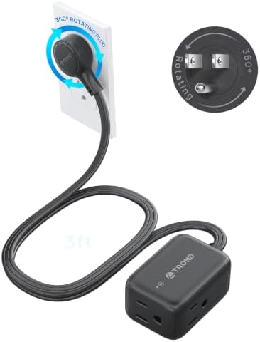 TROND 360 Rotating Flat Plug Extension Surge Protector 3 ft, 3 AC, Black by TRONDOfficial