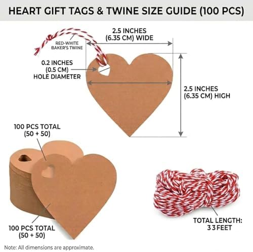 100PCS Heart Shaped Kraft Paper Gift Tags with 33 Feet Twine, Brown Blank Hang Tags for Wedding Favors, Valentines Day Present Wrapping, DIY Crafts and Party Name Labels - Image 2