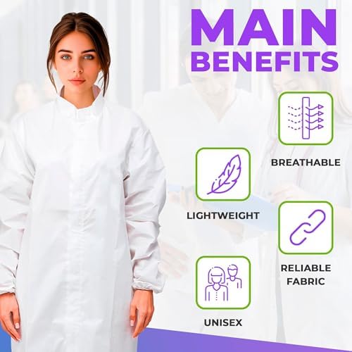 AMZ Medical Supply Disposable Lab Coats Large, 60gsm Microporous Long Sleeve, Elastic Cuffs, Hook & Loop Closure, Mandarin Collar, White, No Pockets, Pack of 10 - Image 5