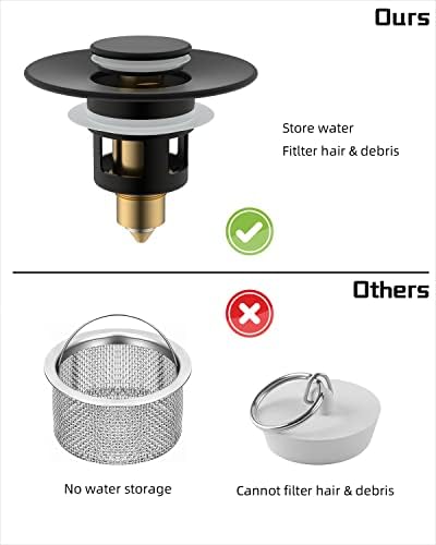 Hibbent 2 Pack All Metal Universal Bathroom Sink Stopper for 1.1''~2.3'' Basin, Pop Up Sink Drain Strainer, Brass Bullet Core Push Type Stopper, Stainless Steel Anti Clogging Drain Filter, Matte Black - Image 6
