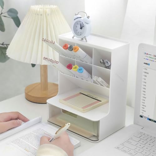 Desk Organizer with Drawer Pen Holder Workspace Organizers Perfect Office Desk Accessories and Workspace Organizers for Home Office Organization (White/Transparent) - Image 4