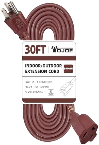 YOJOE Indoor Outdoor Extension Cord, 3 Prong 13A Weatherproof Power Cord, 16 Gauge Heavy Duty 30 ft Brown Extension Cord for Garage, Garden and Home, 16/3 SJTW UL Certified by YOJOE