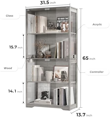 BROTTAR Display Cabinet with Glass Doors, 4-Tier Display Case, Gray - Image 2