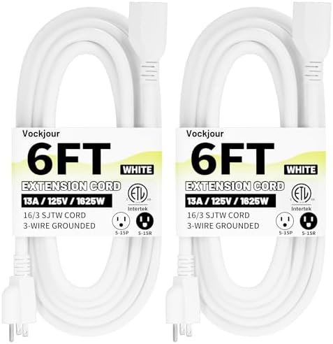 Vockjour 16/3 White Indoor Outdoor Extension Cord 6 Ft 2 Pack Waterproof by Vockjour