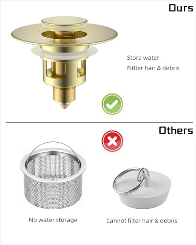 Hibbent All Metal Universal Bathroom Sink Stopper for 1.1''~2.3'' Basin, Pop Up Sink Drain Strainer, Brass Bullet Core Push Type Stopper, Stainless Steel Anti Clogging Drain Filter, Brushed Gold - Image 3
