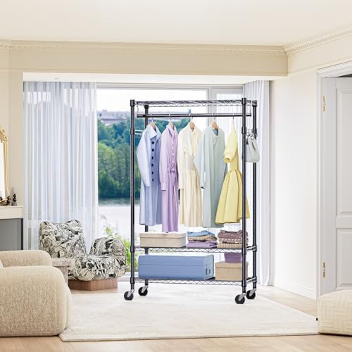 IZEUK Heavy Duty Rolling Garment Rack Wire Clothes Rack for Hanging Clothes (Black, 3 Tier with 2 Rod, 29.5" W x 15.7" D x 75" H) - Image 5