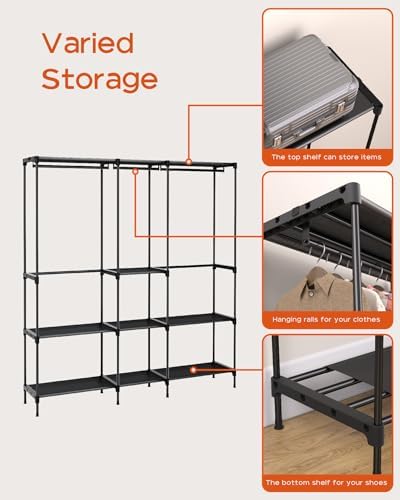 CASAMAYA Clothes Rack, Portable Closet, 71.7 Inch Large Capacity Wardrobe Closet, Clothes Storage Organizer with Shelves and 3 Hanging Rods, Easy to Assembly, Black PCT035B01 - Image 6