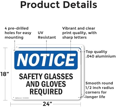 (2 Pack) Safety Glasses And Gloves Required OSHA Notice Sign 24 Inch X 18 Inch Indoor/Outdoor Rust-Free Aluminum Metal Signs for Workplace, Workshop, and Construction Site, Made in the USA - Image 2