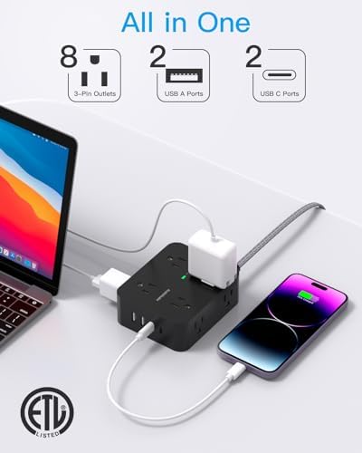 HANYCONY Surge Protector Power Strip, 10 Ft Braided Extension Cord, 1080J - Image 2
