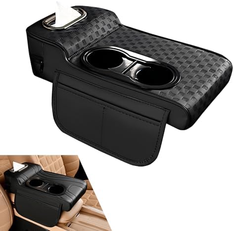 Car Center Console Cover, Microfiber Leather Car Armrest Cover Cushion with 2 Storage Bags, Cup Holders, Tissue Box Slot, Universal Car Armrest Storage Box for Most Vehicles (Black) by Unknown
