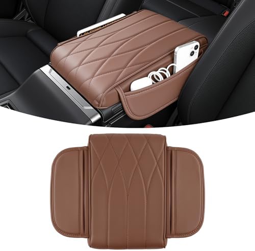 SINGARO Car Center Console Cover Pad, Universal Leather Waterproof Thick Arm Rest Cover for Car with 2 Storage Bags, Car Interior Accessories for Most Vehicles, Cars, SUVs, Trucks (Brown) by SINGARO