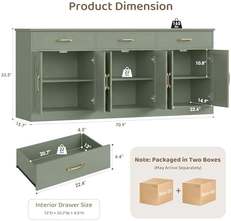 HOSTACK 71"W Farmhouse Kitchen Sideboard Buffet Cabinet with Storage, Green - Image 3