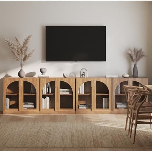 BELLEZE 2 Tier Bookshelf with Arched Glass Door, Set of 4 Modern Display Bookcase Shelf with Storage and Adjustable Shelves, 126" Wood Bookshelves for Living Room Office Entryway (Camel) - Image 6