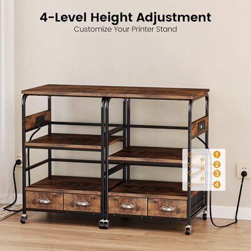 Extra Large Printer Stand with 2 Farbic Drawer, 3 Tier Printer Table with 4-Adjustable Heights, Rolling Printer Cart with Storage for Printer Scanner Fax Home Office Use, Rustic Black and Brown - Image 6