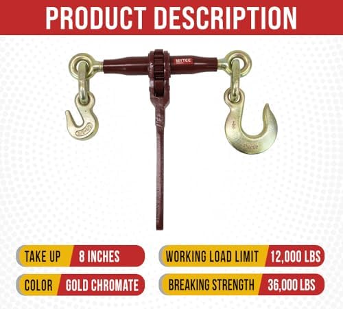 Heavy Duty Specialty Pro Ratchet Load Chain Binder w/ 1/2" Grab Hook on One Side & 1/2" Slip Hook Other Side, 12,000 Lbs Load Limit | Chain Binders for Flatbed Truck Trailer - 4 Pack - Image 5