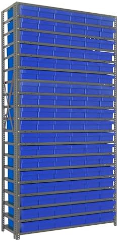 Quantum 1275-401BL Heavy Duty Shelving Unit with (19) Shelves and (27) QED401 Blue Bins for Garage Warehouse Storage Distribution | 400 lb Load Capacity | 12"D x 36"L x 75"H, Galvanized Carbon Steel by QuantumStorageSystems
