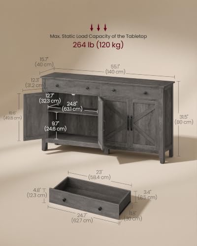 VASAGLE Farmhouse Buffet Cabinet, Coffee Bar with 2 Drawers - Image 2