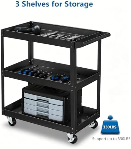 TUFFIOM 3 Tier Rolling Metal Tool Cart on Wheels,330 LBS Service Cart w/2 Brake,Heavy Duty Steel Utility Cart,Tool Organizer for Mechanic,Garage,Workshop,Warehouse & Repair Shop,Black - Image 2