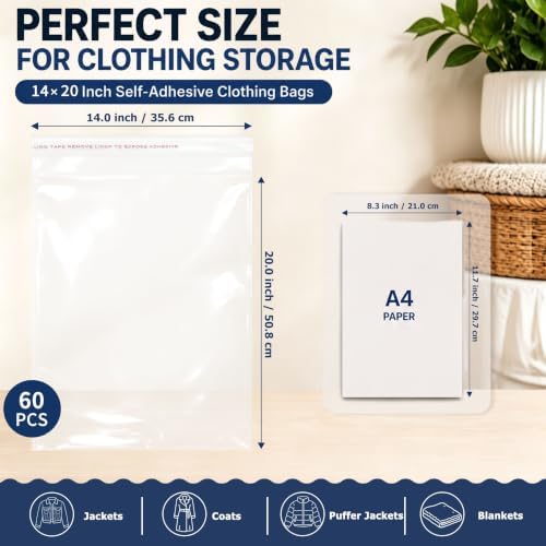 Self Sealing Cellophane Bags for Shirts, 60Pcs 14x20 Inch Clear Poly Bags - Image 2