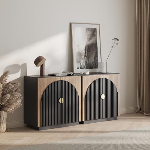 BELLEZE Set of 2 Modular Fluted Sideboard Buffet Cabinet with Storage, Mid-Century Modern Console with Symmetrical Arched Doors, Elegant Credenza for Kitchen, and Living Room, Camel - Image 3