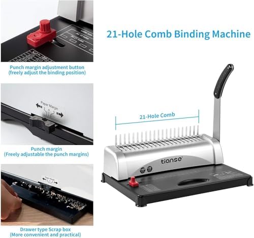 TIANSE Binding Machine, 21-Holes, 450 Sheets, Comb Binding Machines with Starter Kit 100 PCS 3/8'' Comb Binding Spines, Comb Binder Machine Book Maker Perfect for Letter Size, A4, A5 or Smaller Sizes - Image 6