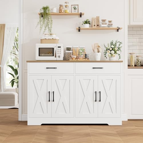 HOSTACK 47" W Kitchen Sideboard Buffet Cabinet with Storage Drawers, White - Image 5