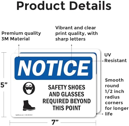 (2 Pack) Safety Shoes And Glasses Required Sign With Symbol OSHA Notice Sign 7 Inch X 5 Inch Vinyl Label Decal Sticker Weather Resistant, UV Protected for Workplace, Business, and Construction Site, Made in the USA - Image 2