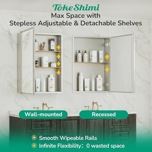 TokeShimi 20 x 26 Recessed Medicine Cabinet with Mirror, Assembly Required, Brushed Nickel Mirror Medicine Cabinet for Bathroom, Stepless Adjustable Shelves, Beveled Aluminum Frame, Tempered Glass - Image 6