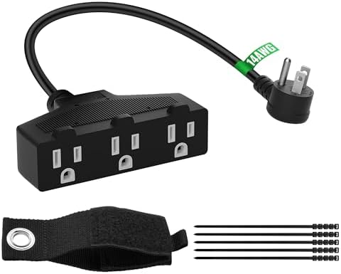 Outdoor Extension Cord 1 Ft with 3 Outlets, 14/3 SJTW 3 Prong Grounded Power Cord, 14 Gauge 14AWG Heavy Duty Power Cable, ETL Listed, 15 Amp 125 V 1875 W-Multiple Outlets for Indoor/Outdoor-Black by Elecan