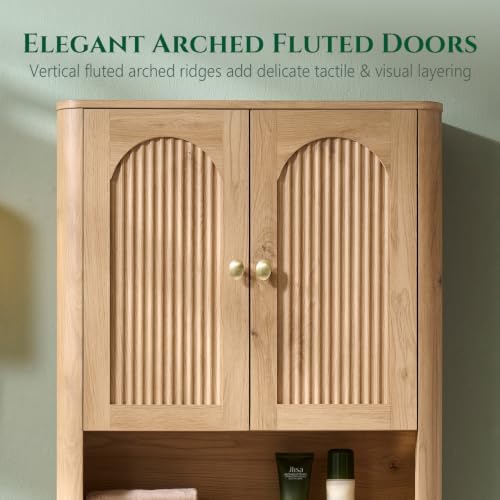 Bathroom Fluted Arched Wall Cabinet Set 2, 23.6''W Medicine Cabinet,Natural - Image 5
