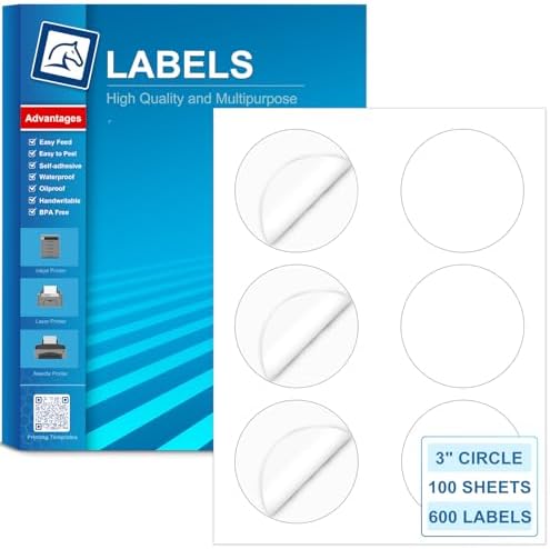 Circle Labels,3" Diameter High Visibility Round Labels,Round Sticker Labels for Laser&Inkjet Printers,100 Sheets,600 Total Adhesive Labels for Business Logos,Product&Price Tags,Pony Packaging HB-C006 by PonyPackaging
