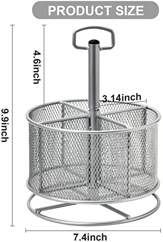 Marbrasse Mesh Desk Organizer, 360-Degree Rotating Multi-Functional Pen Holder, 4 Compartments Desktop Stationary Organizer, Home Office Art Supply Storage Box Caddy (silver) - Image 5